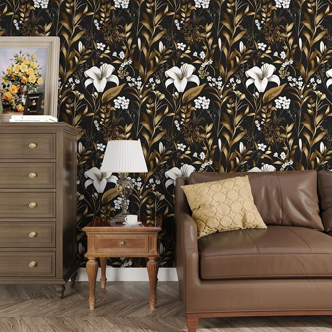 White Floral Wallpaper Peel and Stick, Black Gold Vintage Contact Paper, Dark Golden Botanical Wall Paper Self Adhesive Removable Waterproof for Bedroom Cabinet Drawer Table Decor 17.5" x 118"