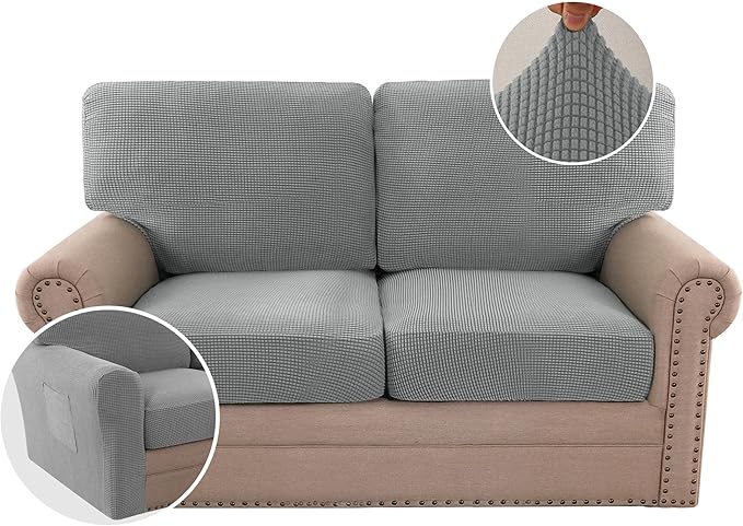 H.VERSAILTEX Multi-Pieces Sofa Covers Stretch Couch Covers Form Fitted Seats and Back Cushions Covers (2 Seat Covers Plus 2 Back Cusion Covers, Bonus 2 Armrest Covers), Dove
