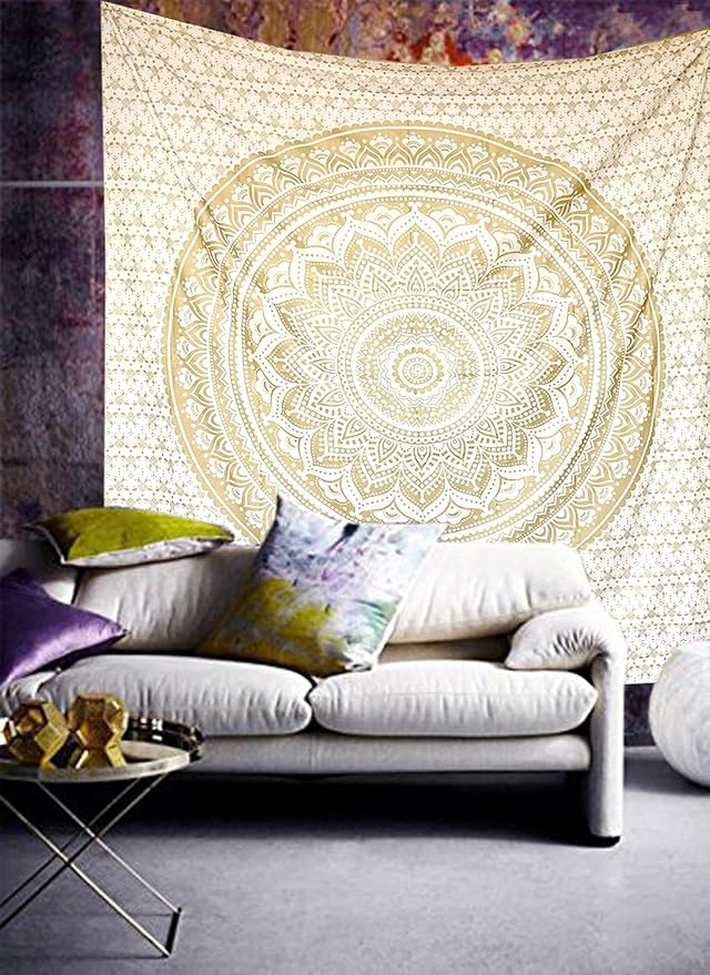 raajsee Mandala Tapestry - Boho Wall Art - 30x40 Inches - White Gold - Bedroom Decor