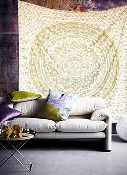 raajsee Mandala Tapestry - Boho Wall Art - 30x40 Inches - White Gold - Bedroom Decor