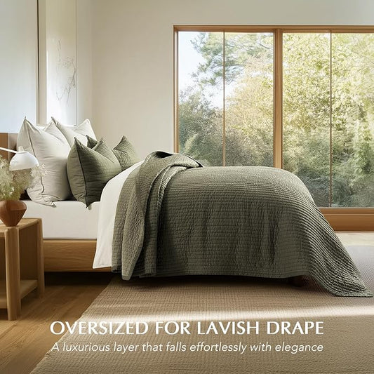 EVERGRACEHOME Cotton Sateen Quilt Set Queen Size, Pre-Washed Cotton Channel Stitch Coverlet Bedspread, 3 Pieces Lightweight Soft Bedding Sets for All Season, with 2 Pillow Shams, Olive Green