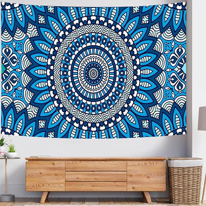 Delur Mandala Tapestry Aesthetic Boho Blue Floral Medallion Tapestry Wall Hanging Bohemian Wall Art Hippie Indian Psychedelic Headboard for Bedroom Living Room Home Decor (51.2" x 59.1")