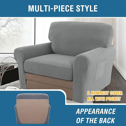 H.VERSAILTEX Multi-Pieces Chair Covers Stretch Couch Covers Form Fitted Seat and Back Cushions Covers (1 Seat Cover Plus 1 Back Cusion Cover, Bonus 2 Armrest Covers), Dove
