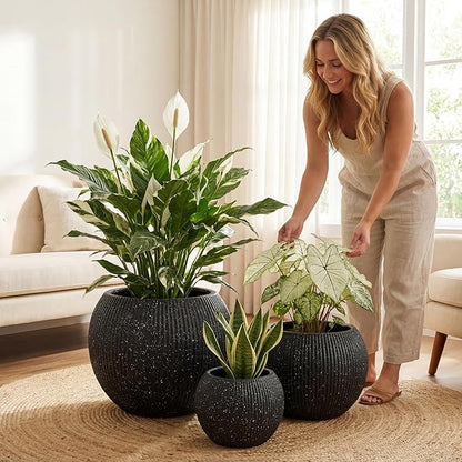 DTY Signature Mount Sherman Modern Indoor Outdoor Fiberstone Sphere Planter, Durable Round Garden Pot, Weather Resistant, Drainage Hole & Rubber Plug (Ribbed Black, Small)