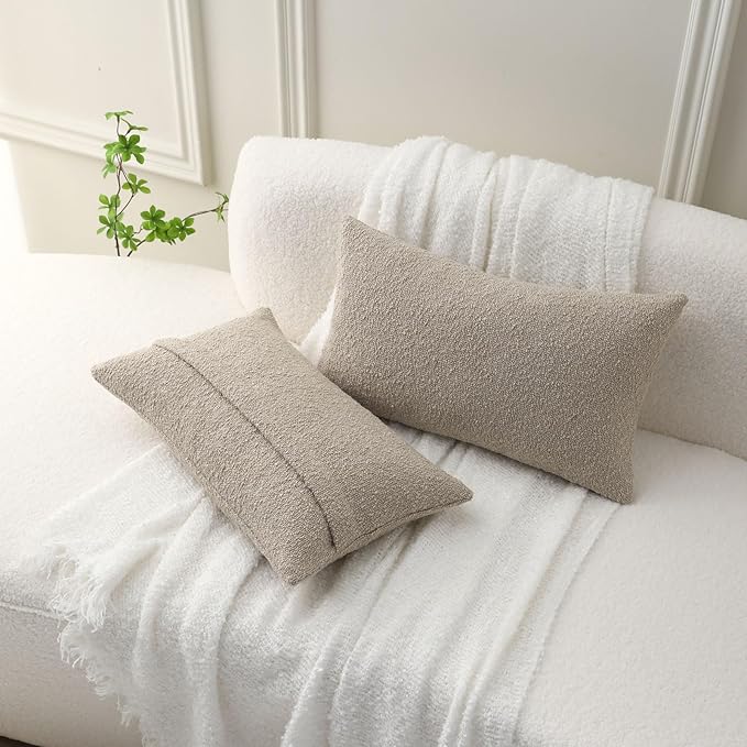 FUTEI Pack of 2 Oatmeal Decorative Throw Pillow Covers 12x20 Inch Soft Cozy Solid Boucle Textured Lumbar Pillow Cases,Modern Home Decor for Couch Bed Living Room