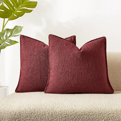 JUSPURBET Throw Pillow Covers 20x20 Set of 2 Decorative Pillow Covers for Couch Sofa Bed Cozy Boucle Textured Cushion Covers Cases with Invisible Zipper for Living Room Home Decor,Burgundy