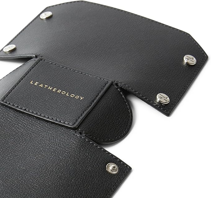 Leatherology Premium Black Modern Pencil Cup – Leather Desk Organizer with Snap Construction, Lays Flat for Travel, Minimalist Portable Design with Suede Interior