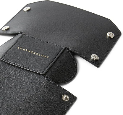 Leatherology Premium Black Modern Pencil Cup – Leather Desk Organizer with Snap Construction, Lays Flat for Travel, Minimalist Portable Design with Suede Interior