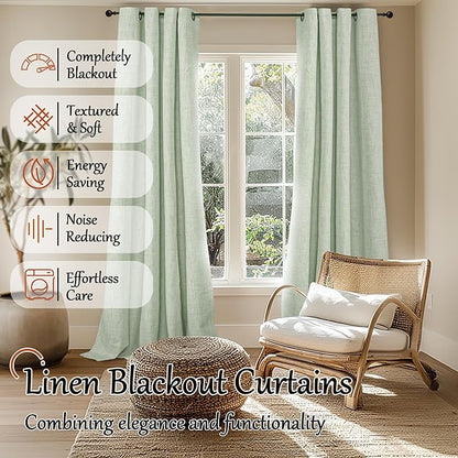 Lajode Sage Green Blackout Curtains for Living Room - Spring Linen Curtains 84 Inch Length Thermal Insulated Privacy Burlap Window Drapes for Bedroom Scandinavian Farmhouse, 2 Panels Each 52" Wide