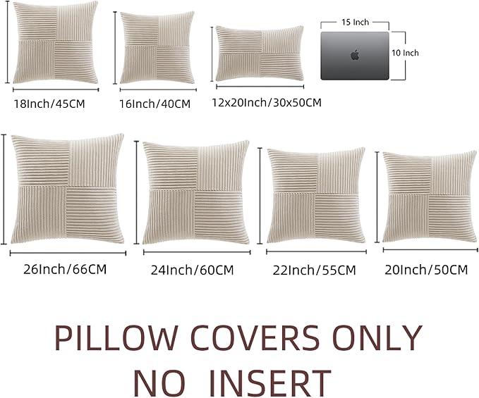 Fancy Homi 2 Packs Neutral Taupe Decorative Throw Pillow Covers 16x16 Inch for Living Room Couch Bed, Rustic Farmhouse Boho Home Decor, Soft Corss Patchwork Corduroy Textured Square Cushion Case 40cm