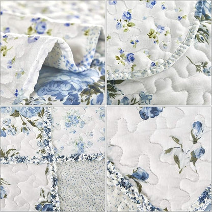 VIVILINEN Blue Floral Patchwork Quilt Set King Size Reversible Quilted Bedding Set with 2 Pillowcases