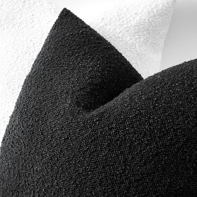 Boucle Decorative Throw Pillow Covers for Couch Set of 2, 22x22 inches, Black
