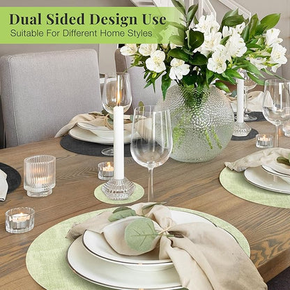 13-Inch Faux Leather Round Placemats Set of 4, Waterproof Anti-Slip Dual Sided Place mats, Heat Resistant Washable Table Mats with Coaster, Suitable for Indoor & Outdoor (4, Black Light Green)