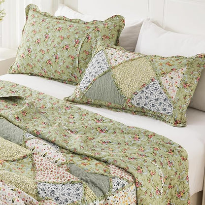 VIVILINEN Patchwork Quilt Set Reversible Quilted Bedspread Coverlet Set 3-Piece Floral Lightweight Comforter Stitched Bedding Set Bed Sheet Set for All Seasons(Green,Extra Wide Super King(128"x120"))