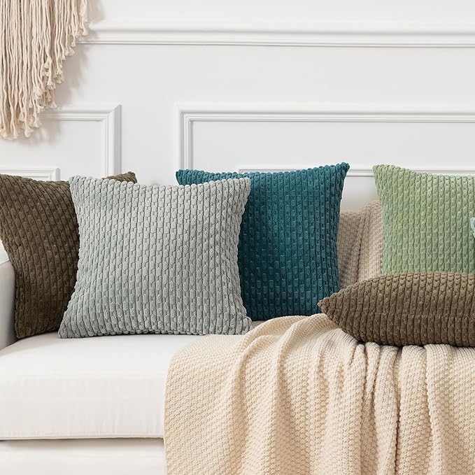 Kevin Textile Throw Pillow Covers Soft Corduroy Decorative Set of 2 Boho Striped Pillow Covers Pillowcases Farmhouse Home Decor for Couch Bed Sofa Living Room 22x22 Inch Teal Blue