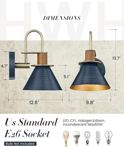 Rustic Wall Sconces Set of Two, HWH Indoor Wall Sconce 1-Light Barn Vanity Light, Hammered Barn Wall Lamp for Bathroom Bedroom Kitchen, Hammered Metal Shade, Navy Blue Finish, 5HZG74B-2L BL+BG