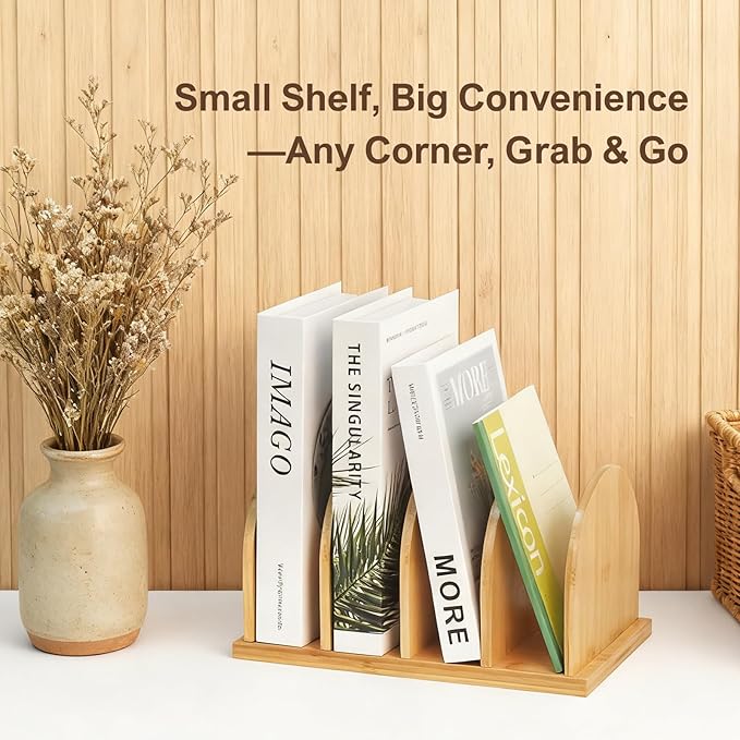 Bamboo Cook Book Organizer, Desktop Bookshelf, Convenient Book Stand, 4-Slot Recipe Holder, Table Cookbook Storage for Home & Kitchen