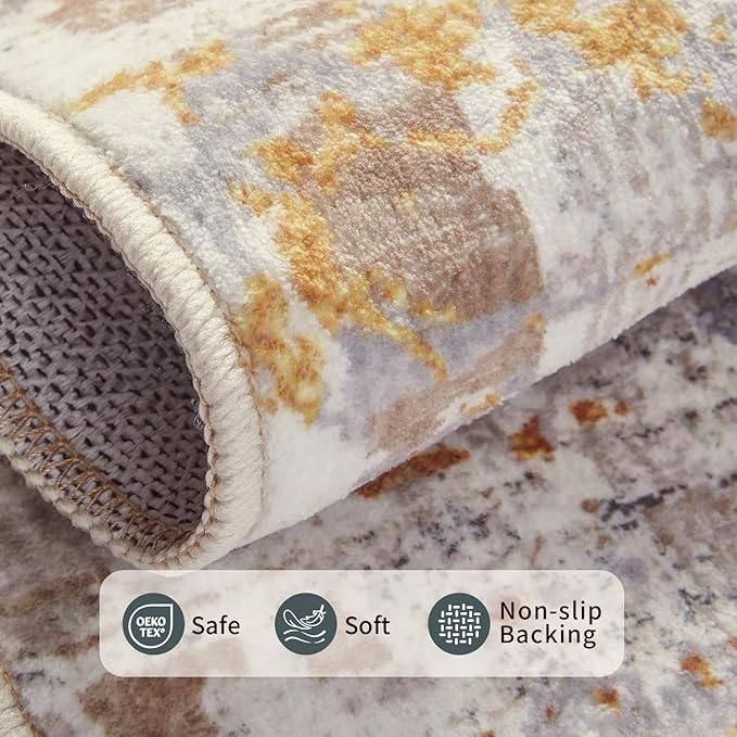 Area Rugs 8x10,Large Soft Rugs for Living Room, Washable, Modern Neutral Abstract Rugs for Bedroom Dining Room, Non-Slip Foldable Thin Indoor Carpet Stain Resistant(Beige Gold)