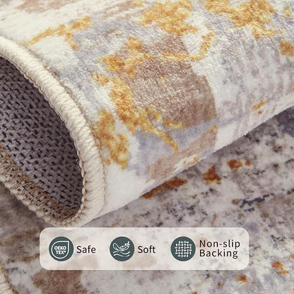 9x12 Area Rug for Living Room, Extra Large Washable Rug, Soft Neutral Abstract Rug for Bedroom, Office, Farmhouse, Low Pile Imitation Wool Non Slip Carpet Ideal for High-Traffic Areas, Beige Gold