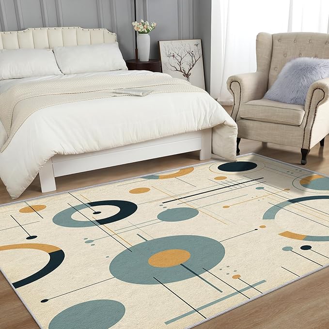 Mid Century Modern Rugs 8x10 - Mid Century Carpet, 3x4 Rug, Abstract Rug & Home Decor, Geometric Circle Area Rug & Room Decor, Washable Non Slip Anti Skid Rugs