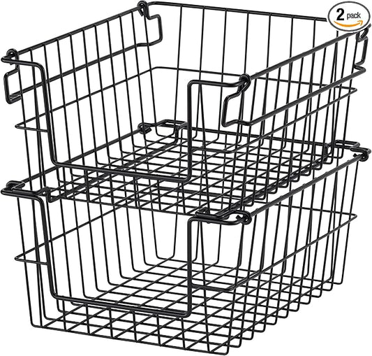 TRINITY 2-Pack Stackable Metal Wire Storage Baskets With Handles, Black, 11 Inches