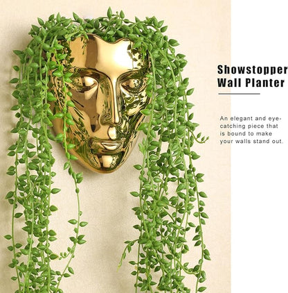 Face Vase,Ceramic Female Form Vase,Modern Sculpture Planter Pot,Human Face Dried Flower Shaped Vase,Wall Hanging Plant Pot for Home Decor Centerpieces, Office or Outdoor Hanging Decor Gold