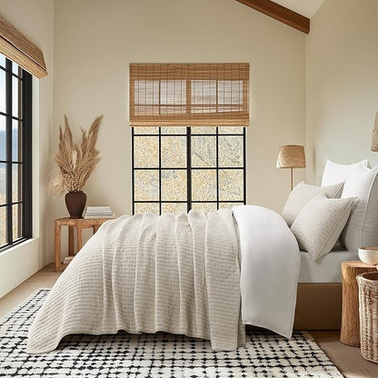 EVERGRACE Cross Stitch Pre-Washed Cotton Quilt Bedding Set King Size, Oversized 3 Pieces Lightweight Bedspread Coverlet for All Season, with 2 Matching Shams, Flax Beige,108"x96"