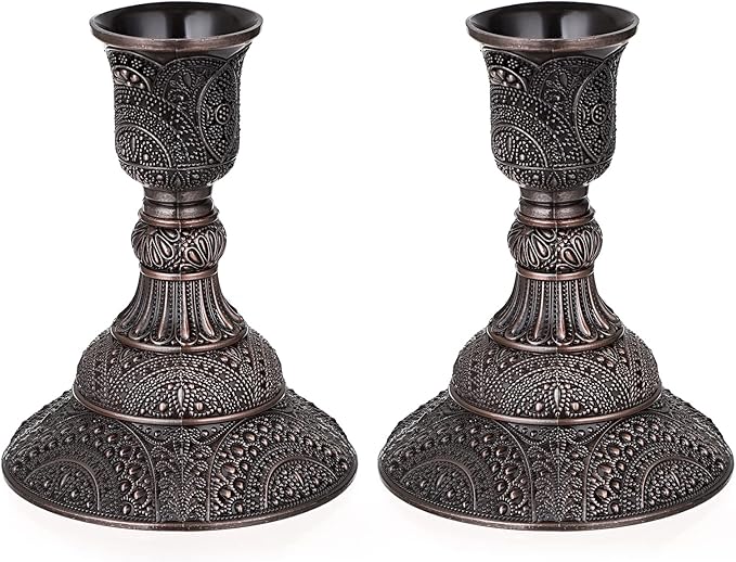 OwnMy Set of 2 Elegant Taper Candle Holders Vintage Metal Taper Candlestick Holders, 4 Inch Tall Taper Candle Stands Decorative Taper Candelabra Set for Dining Table Centerpieces Wedding, Red Bronze