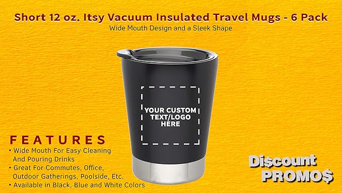 Personalized 12 oz. Itsy Vacuum Insulated Travel Mugs - 6 Pack - Custom Text, Logo - Black