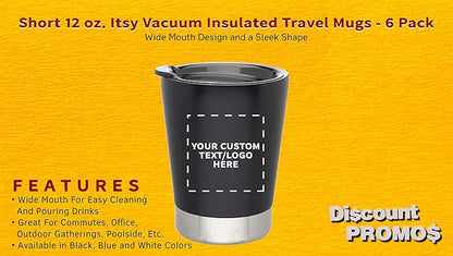 Personalized 12 oz. Itsy Vacuum Insulated Travel Mugs - 6 Pack - Custom Text, Logo - Black