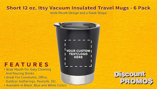Personalized 12 oz. Itsy Vacuum Insulated Travel Mugs - 6 Pack - Custom Text, Logo - Black