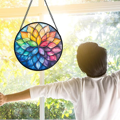 DASTOLL Stained Glass Window Hanging, Colorful Flower Petals Sun Catchers Diamond Glass Panel Hangings Suncatcher Decor for Birthday for Women, Men, Wife, Aunt, and Mom 11.8x11.8 in
