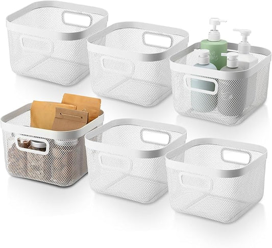 6 Pack Metal Mesh Basket with Hollow Handles White Wire Storage Bin for Organizing Stackable Metal Fine Mesh Basket for Pantry Bathroom Kitchen Cabinets Shelves