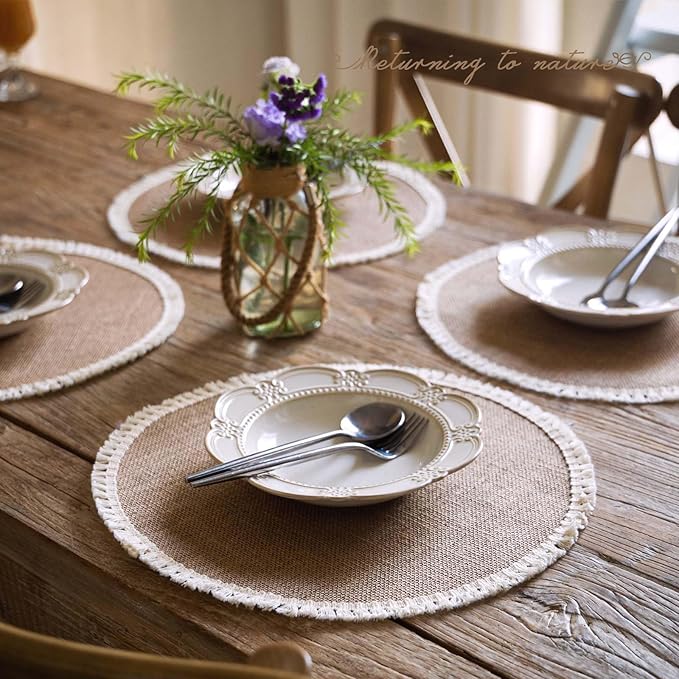 FunWheat 15 Inch Round Jute Placemats Set of 12, Braided Burlap Table Mats for Dining Table, Heat Resistant Farmhouse Woven Placemats for Fall Farmhouse Decor (Short Tassels)