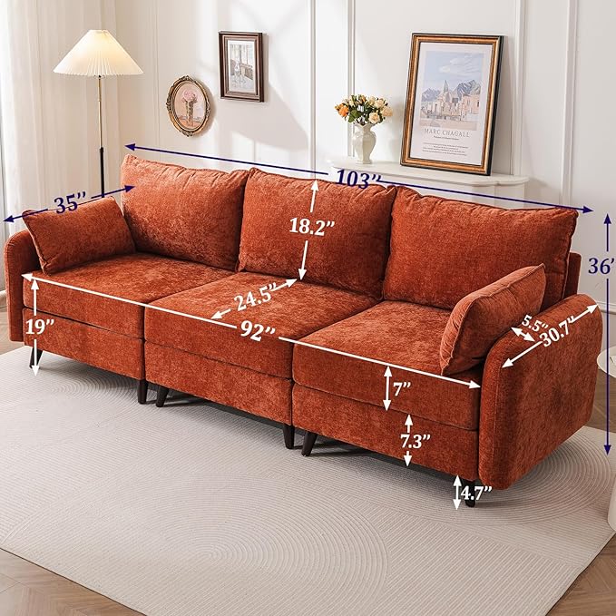 104'' Modular Sectional Sofa with Seats Storage, 3 Seater Sofa Couch with Deep Seat,Oversized Comfy Couch for Living Room,Bedroom,2 Throw Pillow,Chenille,Orange