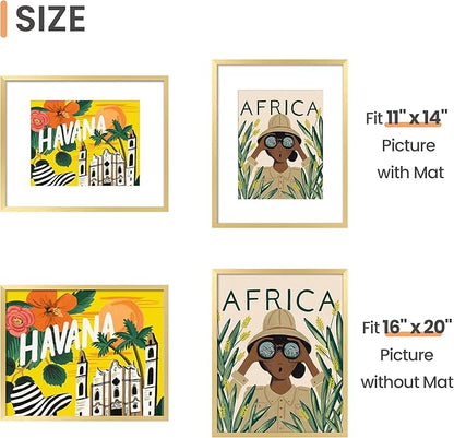 upsimples 16x20 Picture Frame Set of 5, Display Pictures 11x14 with Mat or 16 x 20 Without, Wall Gallery Poster Frames, Gold