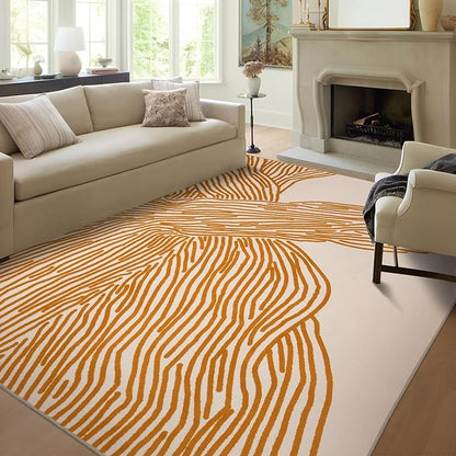 YIHOUSE Orange Rug for Living Room, 8×10 Modern Abstract Area Rug, Geometric Contemporary Wave Striped Rugs for Playroom Nursery, Washable Nonslip Large Rug for Bedroom Dining Room