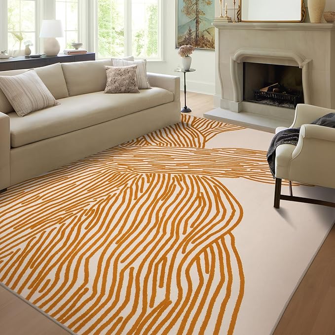YIHOUSE Orange Rug for Living Room, 5×7 Modern Abstract Area Rug, Geometric Contemporary Wave Striped Rugs for Playroom Nursery, Washable Nonslip Large Rug for Bedroom Dining Room