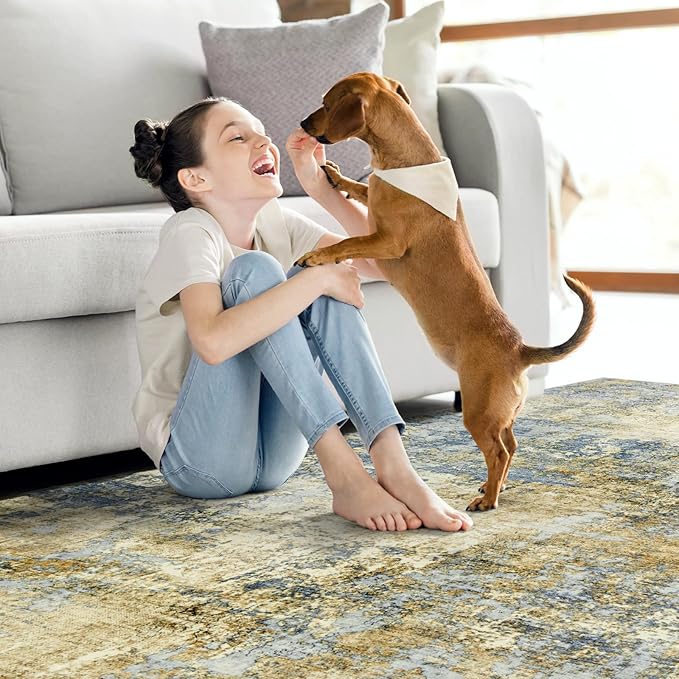 Area Rug Living Room Rugs - 9x12 Modern Abstract Soft Indoor Neutral Washable Rug Stain Resistant Non-Slip Low Pile Carpet for Bedroom Dining Room Home Office - Blue/Grey/Yellow