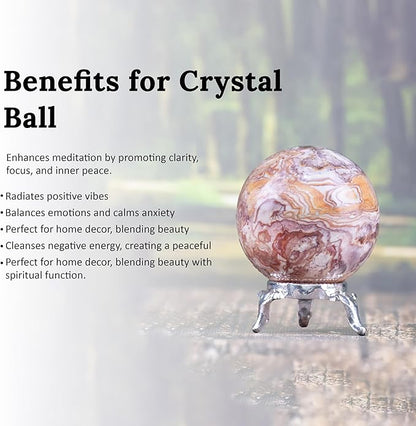 Crocon 45mm Rosetta Jasper Stone Sphere Ball with Metal Stand 1400+ Carats Gemstone Ball Healing Sphere Sculpture Figurine for Fengshui Divination Home Decoration Photography Crystal Sphere