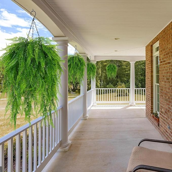 Fake Hanging Plant Outdoor Artificial Boston Fern Hanging Baskets 2 Set Fake Ferns Hanging Plants Artificial Decor 23.6" Artificial Ferns for Outdoors Front Porch Patio Garden Home Decor