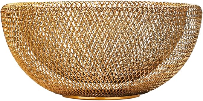 IBWell Metal Wire Woven Fruit Storage Bowl Basket for Kitchen, Large Black Mesh Fruit Stand, for Apple, Pineapple, Banana, Orange, Lemon, Pear, Strawberry, Watermelon (Gold, Nomal)
