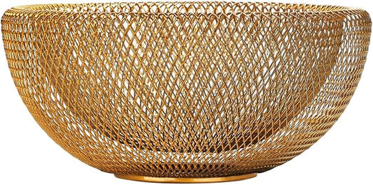 IBWell Metal Wire Woven Fruit Storage Bowl Basket for Kitchen, Large Black Mesh Fruit Stand, for Apple, Pineapple, Banana, Orange, Lemon, Pear, Strawberry, Watermelon (Gold, Nomal)