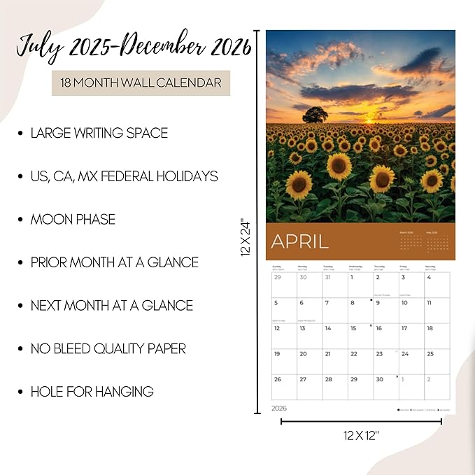 Sunflowers Wall Calendar 2026 | Sunflower Field Calendar | 12" x 24" Open | Giftable Flowers Calendar 2026 | Thick & Sturdy Paper | Pacific Waters Press (Sunflowers)