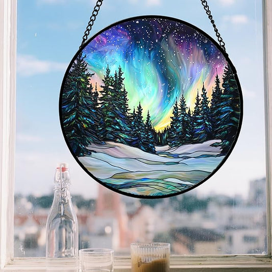 DASTOLL Stained Glass Window Hanging, Aurora Landscape Sun Catchers Glass Panel Green Trees Suncatcher Decor for Birthday for Women, Men, Wife, Aunt, and Mom 14.9x14.9 in