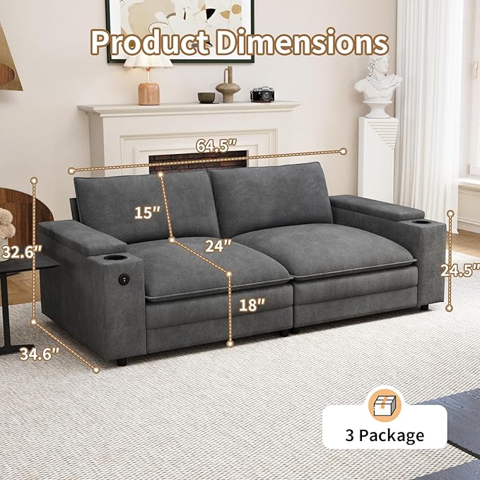 81.5" Loveseat Cloud Sofa Couch with Storage Armrest, Cup Holders, USB & Type-C Ports, Spring Cushions, Solid Wood Frame, Chenille Modular Sectional for Living Room