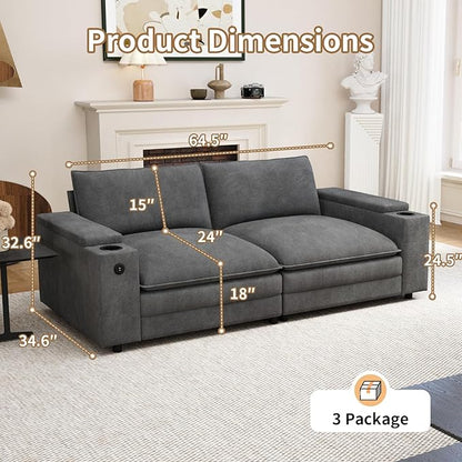 81.5" Loveseat Cloud Sofa Couch with Storage Armrest, Cup Holders, USB & Type-C Ports, Spring Cushions, Solid Wood Frame, Chenille Modular Sectional for Living Room