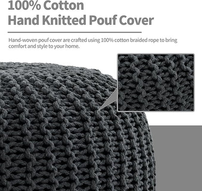 HOMBYS Unstuffed Ottoman Pouf Cover, 100% Cotton Handmade Knitted Ottoman Pouf Cover Round Foot Stool, Floor Bean Bag Chair, Foot Rest with Storage for Living Room Bedroom, Grey(Cover ONLY NO Filler)