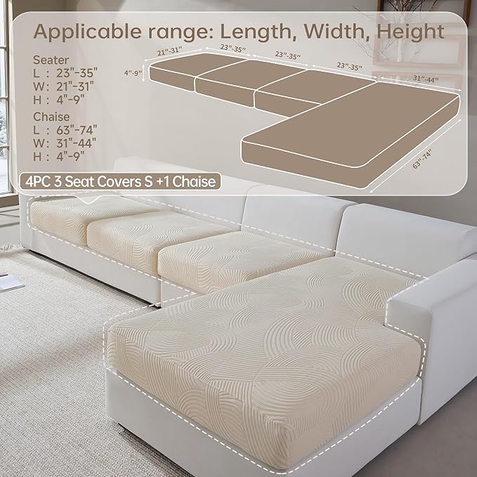 Couch Cushion Covers for Sectional and L Shaped Sofa, Stretch Soft Sofa Covers Washable Wear Resistant Slipcovers Furniture Protector Pet-Friendly (3 Seaters Covers+1 Chaise Cover, Ivory)