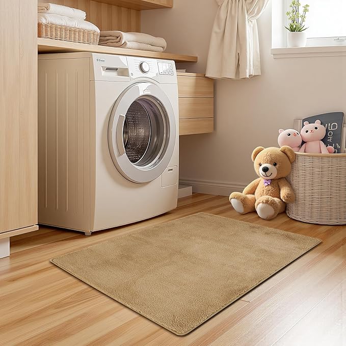 jinchan Solid Plush Area Rug 2x3 Performance Shaggy Washable Rug Indoor Entryway Doormat Soft Modern Faux Wool Cozy Non Slip Carpet for Living Room Kid Room Bedroom Nursery Tan